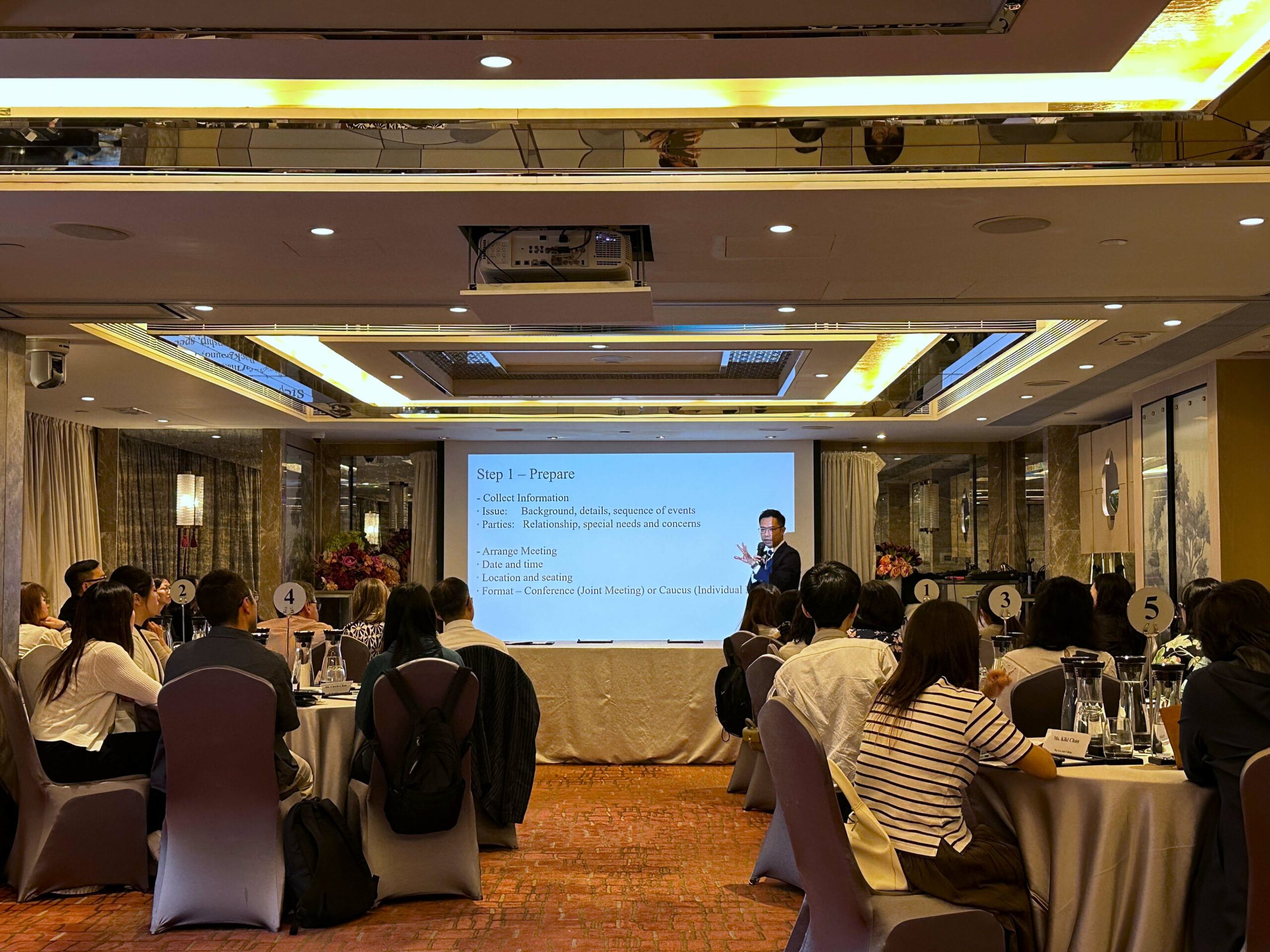 Attendees seated at round tables facing a speaker by a screen displaying "Step 1 – Prepare" slide. The room has a mirrored ceiling and elegant decor.